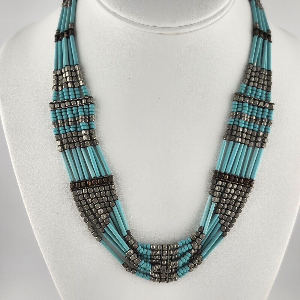 Multistrand Turquoise Tube Bead Necklace Silver Tone Metal Accent Statement AEO